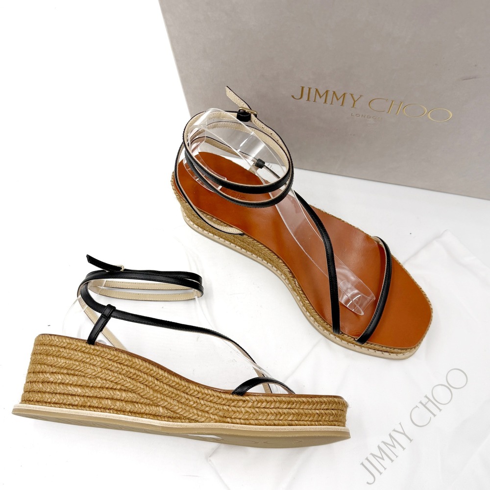 Jimmy Choo Drive 60 Espadrille Wedge Sandals Black Nappa Leather Sz 39.5 / 9.5 - Picture 2 of 10